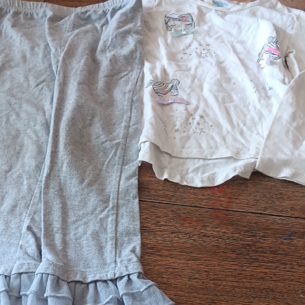 Gray and White Pants Set with Little Girls. Print